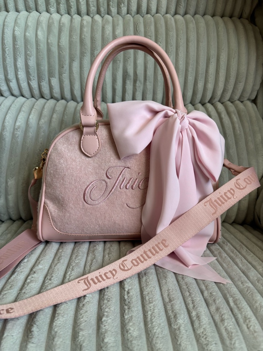 Juicy Couture Light Pink Dome Satchel with Bow and Logo Strap
